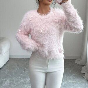 Pink Casual Elegant Women's Faux Mink Fluffy 3d Rose Flower Long Fur Sweater